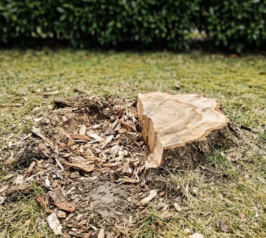 Souche en cours de rognage dans un jardin de Balma