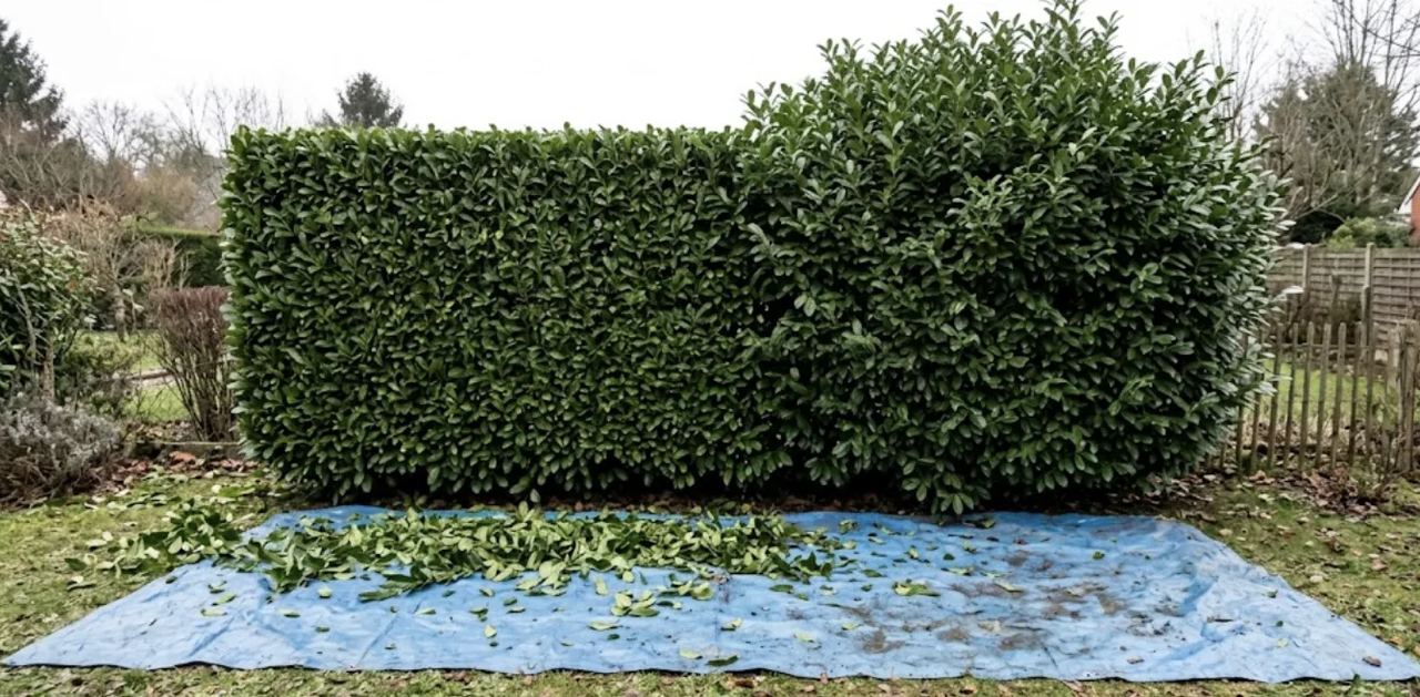 Haie de laurier-cerise fraîchement taillée dans un jardin de Balma